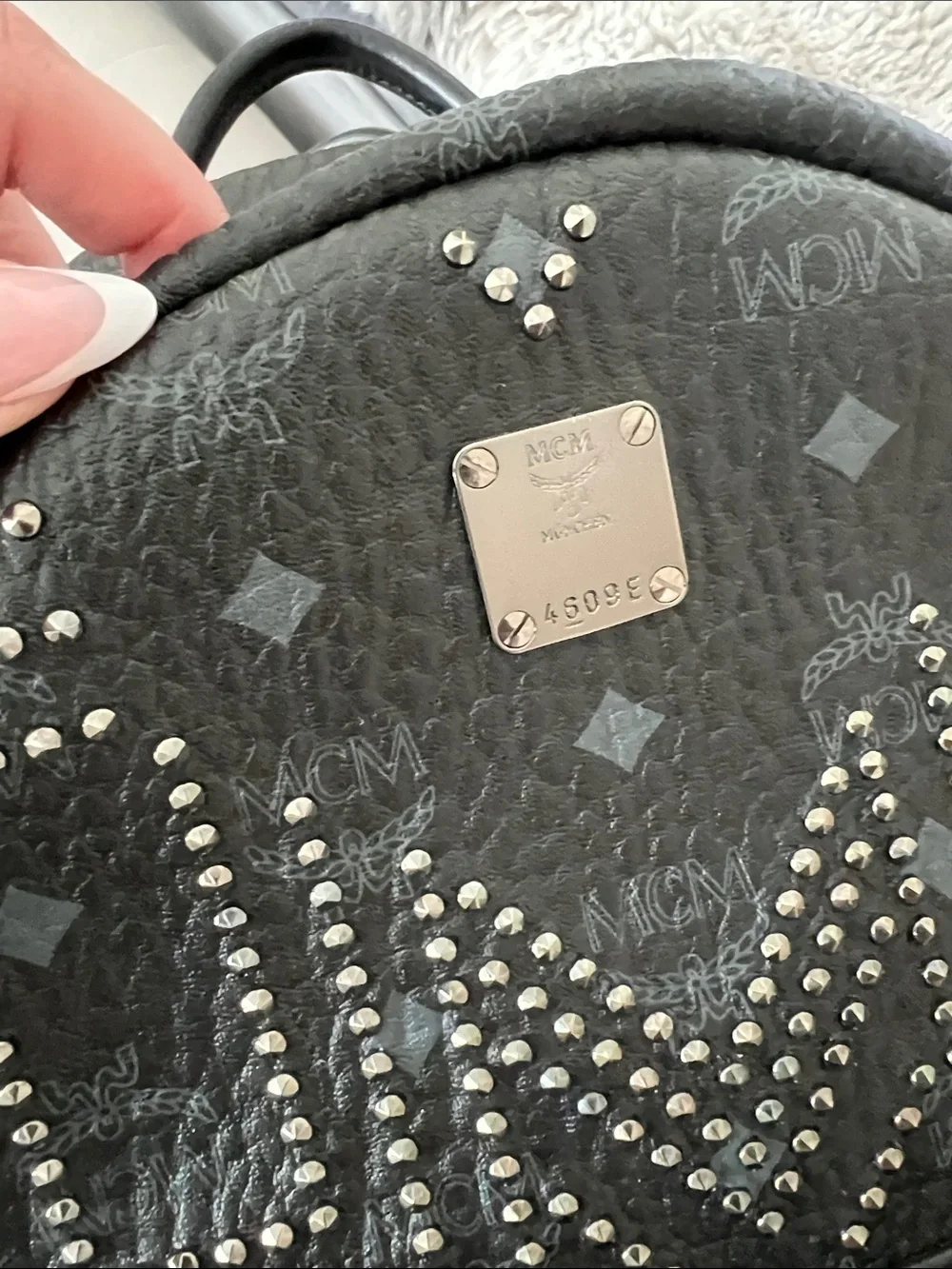 Authentic Mcm Studded Stark Gunta Backpack In Black Visetos Coated Canvas